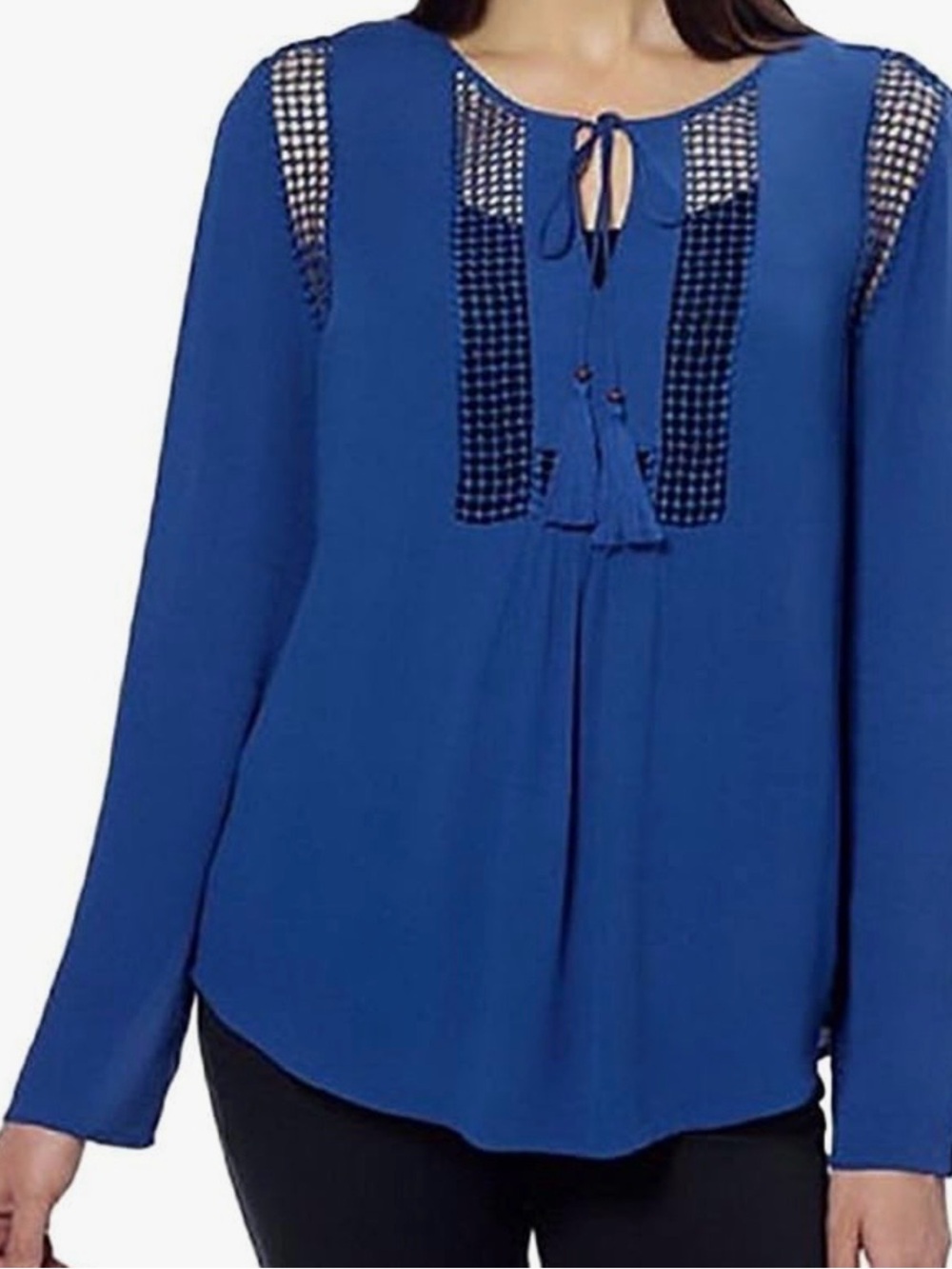 Boho Navy Long Sleeve Crochet Button-Down Shirt.New